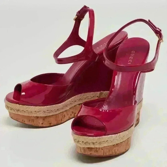 Gucci Red Hollie Patent Leather Platform Vernice Crystal Rose Bed Wedges - Picture 1 of 8